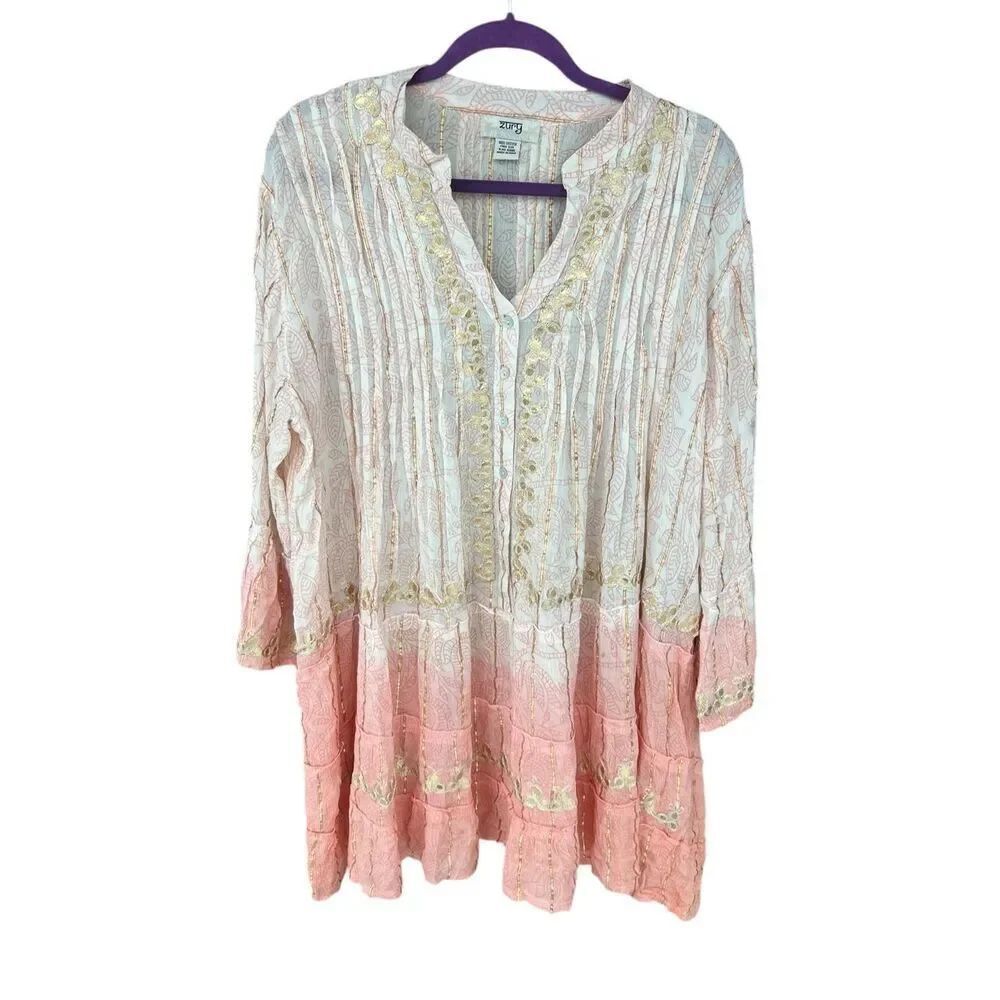 Zury free size pink cream ombre tunic dress gold embroidery beading bohemian